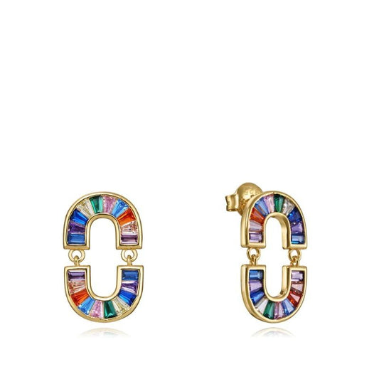Colorful gemstone earrings in gold setting featuring rainbow stones, elegant jewelry design.