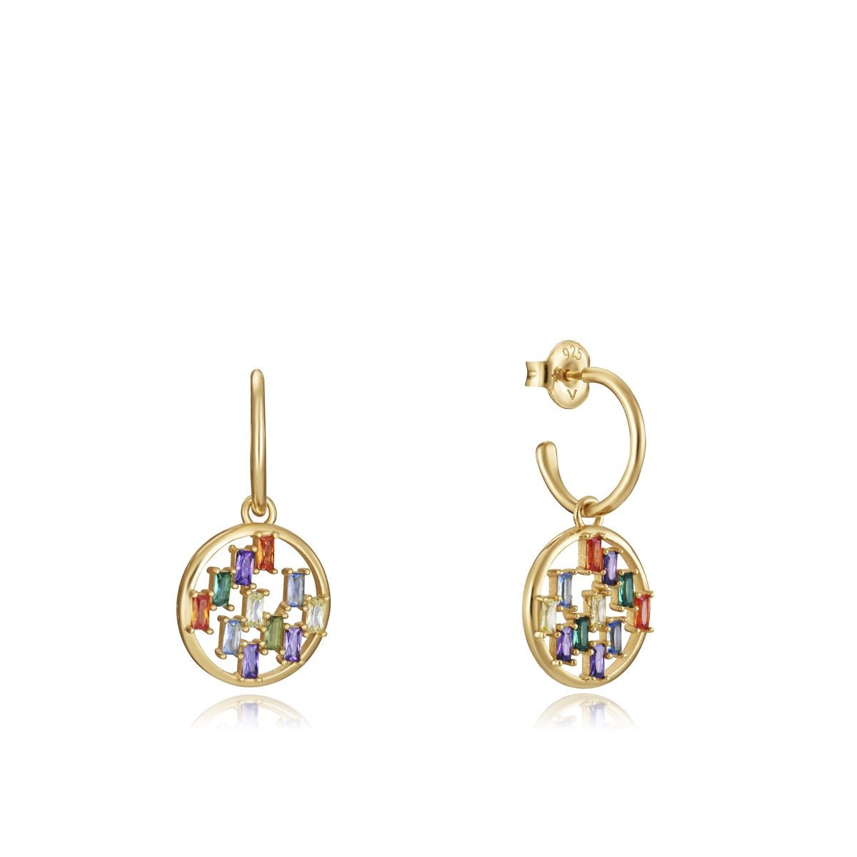 Colorful gemstone earrings with a gold finish featuring circular design, perfect for elegant occasions and stylish looks.