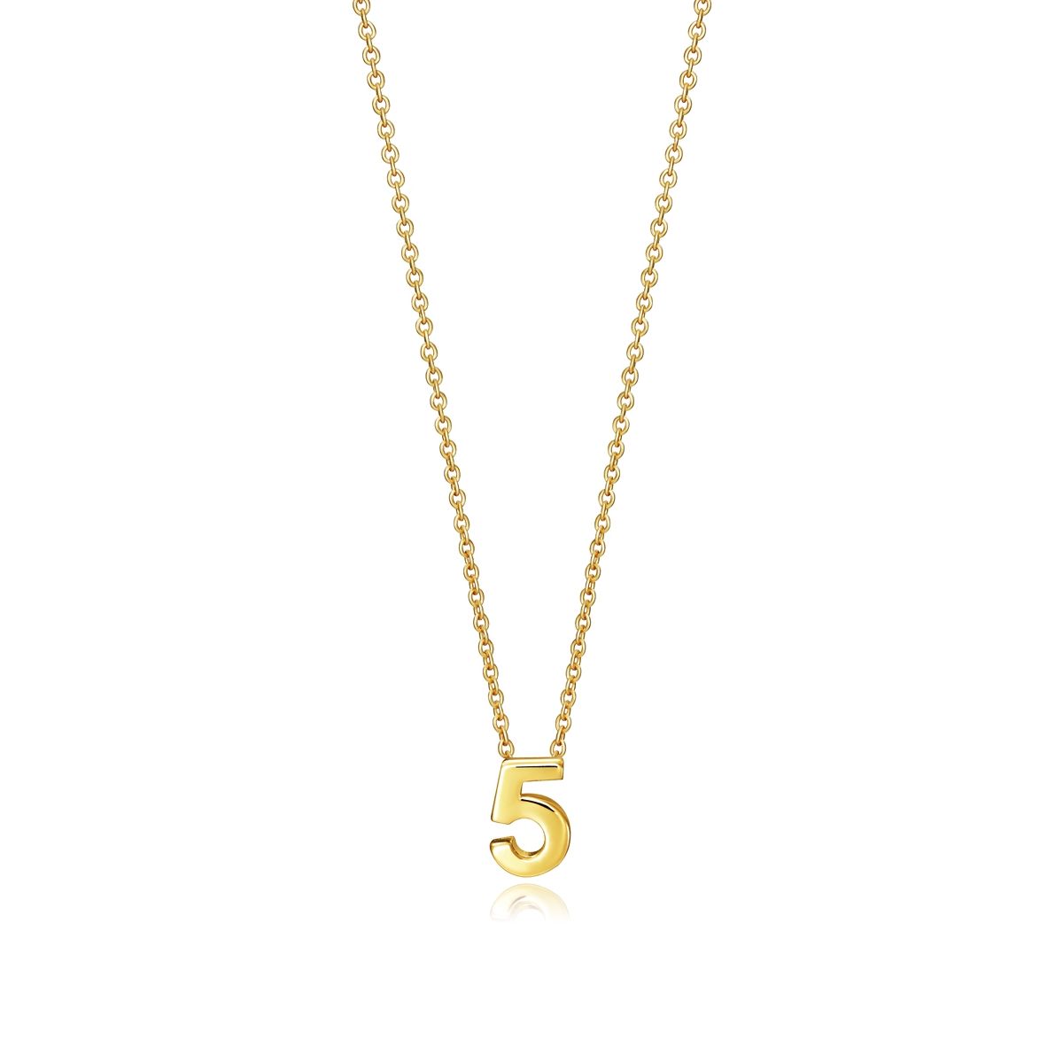 Gold necklace with a number 5 pendant on a chain, simple and elegant jewelry design.