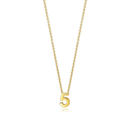 Gold necklace with a number 5 pendant on a chain, simple and elegant jewelry design.