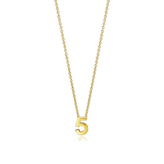 Gold necklace with a number 5 pendant on a chain, simple and elegant jewelry design.