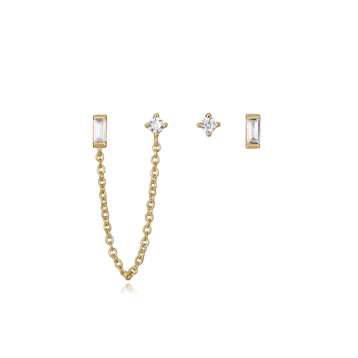 Gold chain and stud earrings with clear crystals, stylish accessory for women.