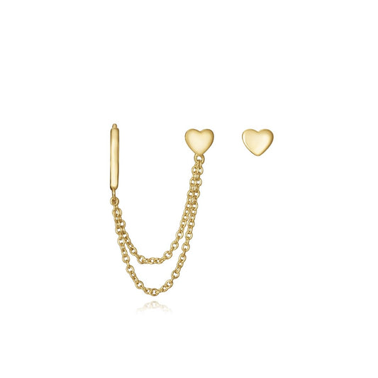 Gold heart chain earrings with minimal design on white background