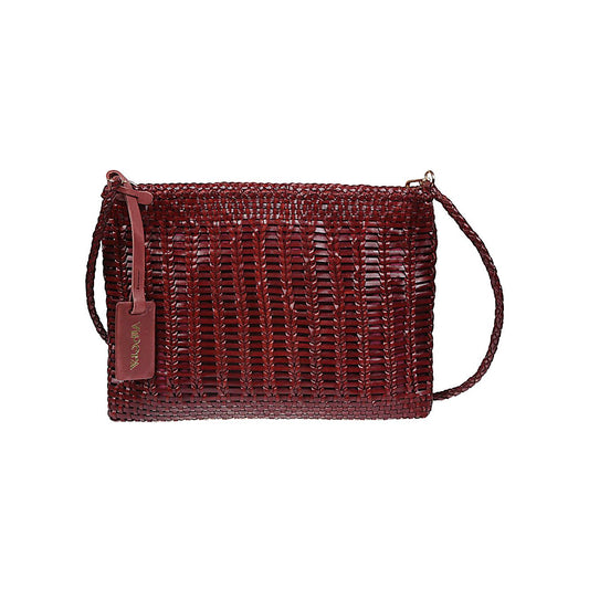 VIPERA Saba handbag in burgundy, woven pattern, zip closure, removable leather strap, single compartment, internal pocket.