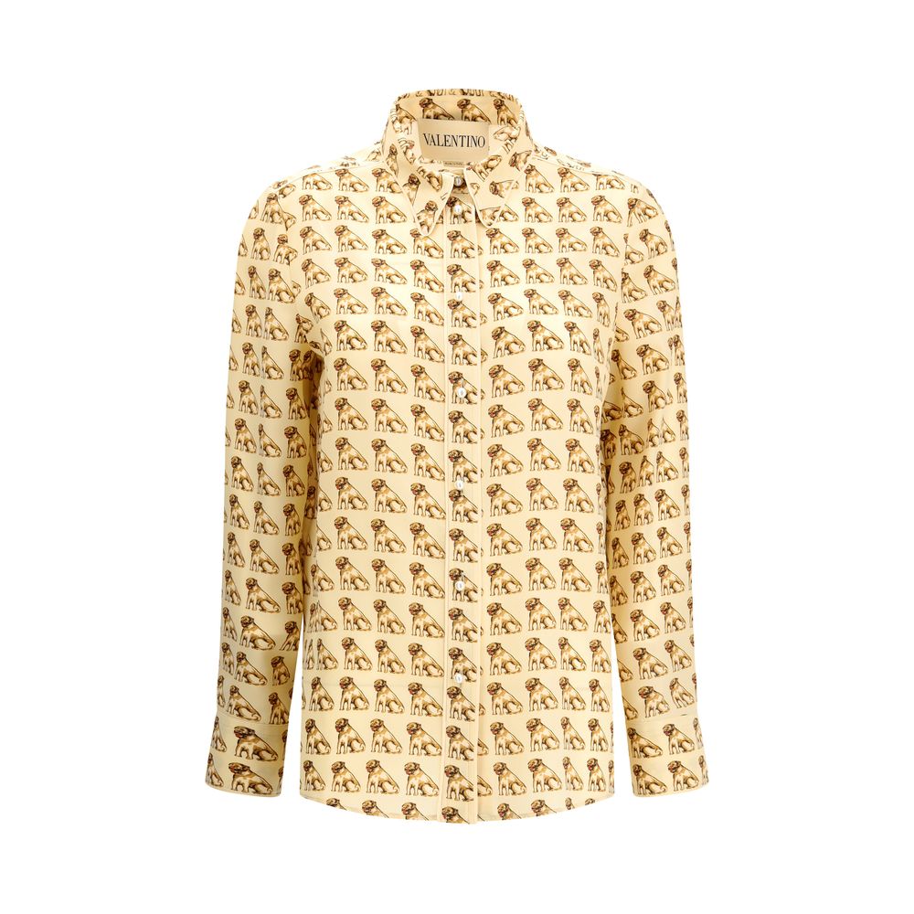 Valentino Beige Silk Pattern Shirt with Petit Charles print, pearl front closure, and cuffs detail, 100% silk, AW25 collection.