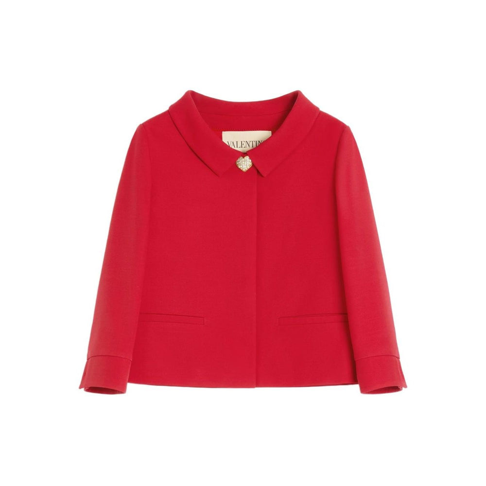 Valentino Crepe Couture Jacket in red wool and silk with front button fastening, pointed flat collar, and jetted pockets.