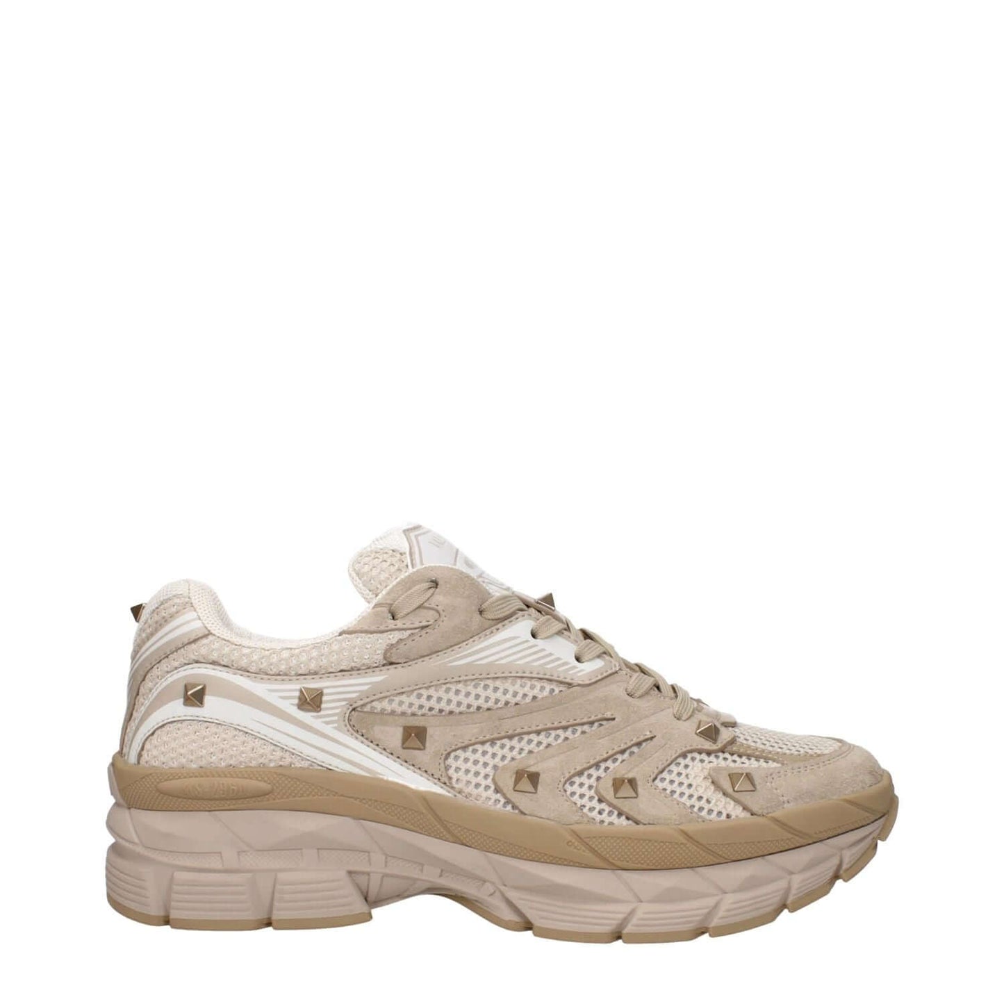Valentino Garavani Beige Fabric Low Top Sneakers with studs, lace-up closure, round toe, and mid heels. MPN S0F57HTKMXY.