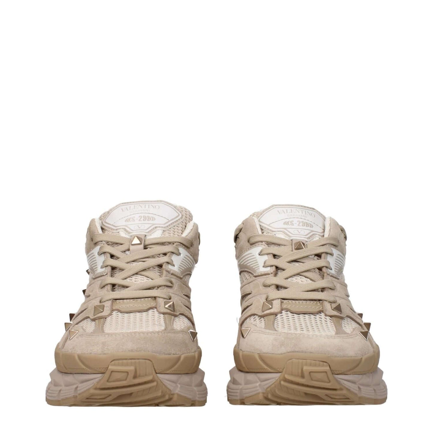 Valentino Garavani Beige Fabric Low Top Sneakers with front and back logos, studs, lace-up closure, and rubber sole. MPN S0F57HTKMXY.