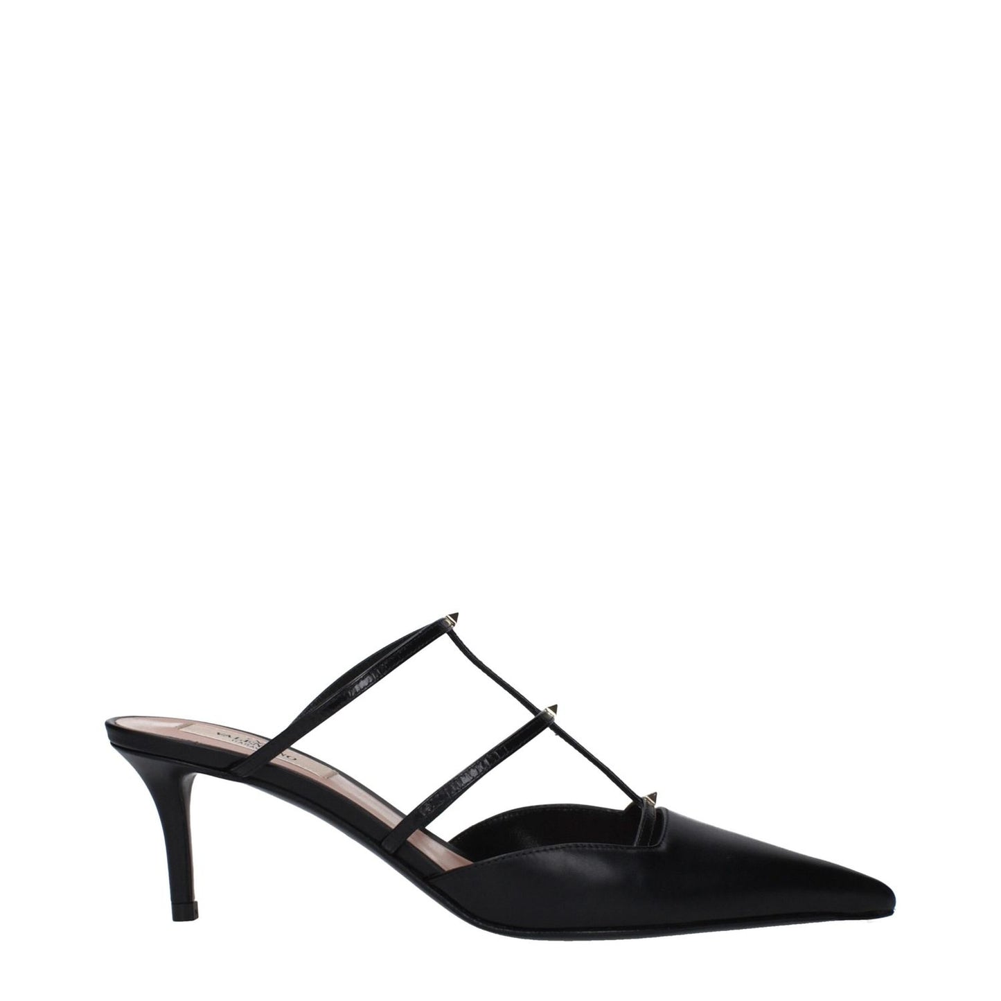 Valentino Garavani Black Leather Flat Sandals with gold studs and pointy toe mid heels, style S0JB1ACT0NO, MPN F82595.