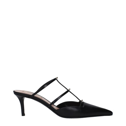 Valentino Garavani Black Leather Flat Sandals with gold studs and pointy toe mid heels, style S0JB1ACT0NO, MPN F82595.