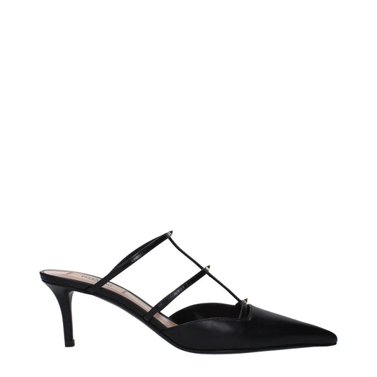Valentino Garavani Black Leather Flat Sandals with gold studs and pointy toe mid heels, style S0JB1ACT0NO, MPN F82595.