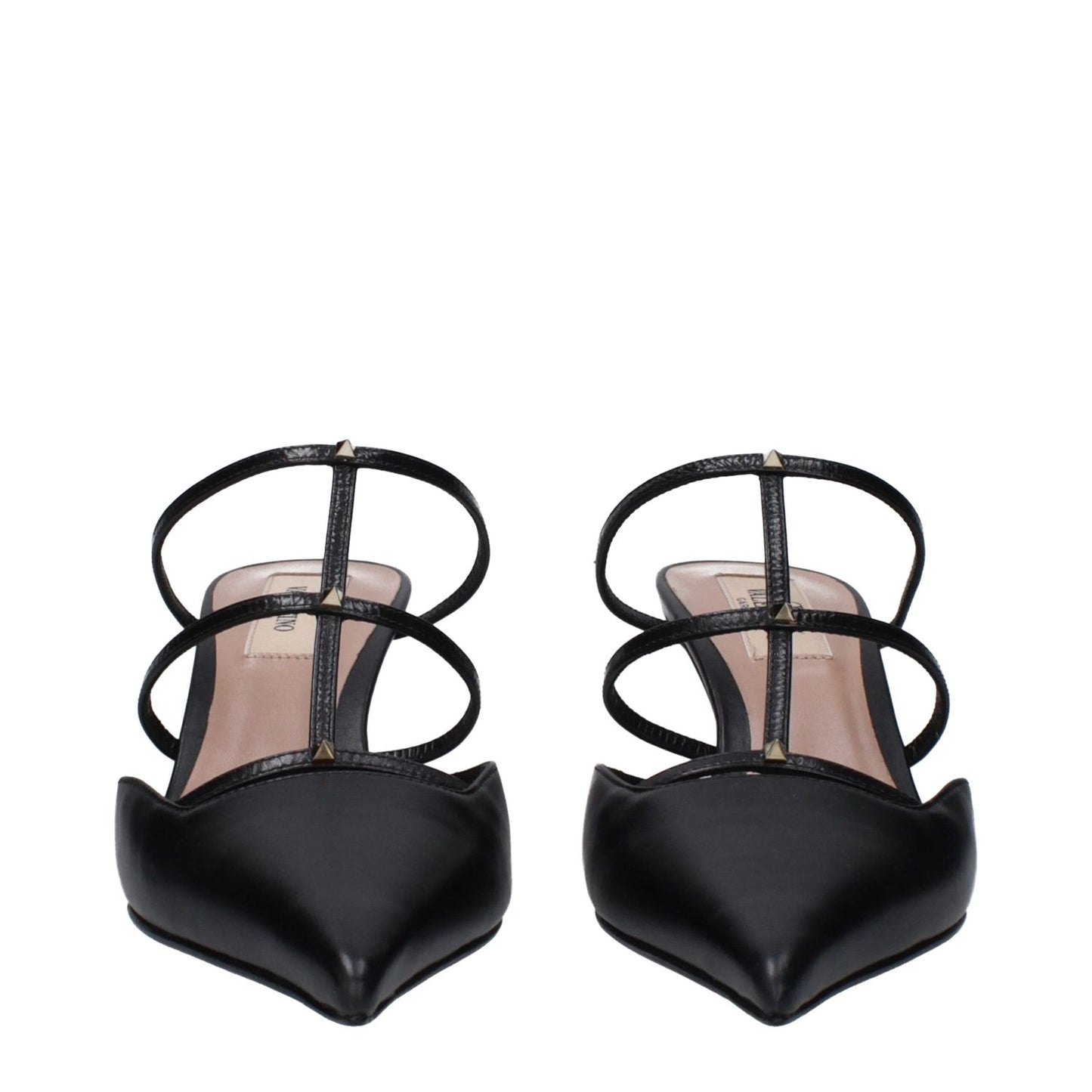 Valentino Garavani Black Leather Flat Sandals with gold studs, stylish design, pointy toe, and mid heels, MPN S0JB1ACT0NO.