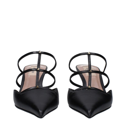 Valentino Garavani Black Leather Flat Sandals with gold studs, stylish design, pointy toe, and mid heels, MPN S0JB1ACT0NO.