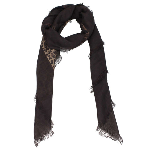 Valentino Garavani Brown Cashmere Foulard with leopard print, fringes, logo, 140x140 cm.