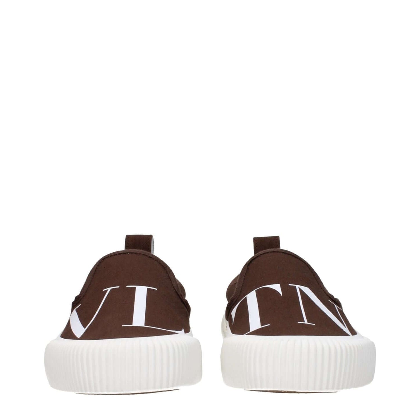 Valentino Garavani Brown Fabric Slip-On Loafers with logo, rubber sole, and round toe, captured from the front view.