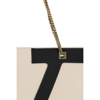 Valentino Garavani Cream Lamb Ovis Aries Aries Shoulder Bag with chain and maxi VLogo details, antiqued gold finish