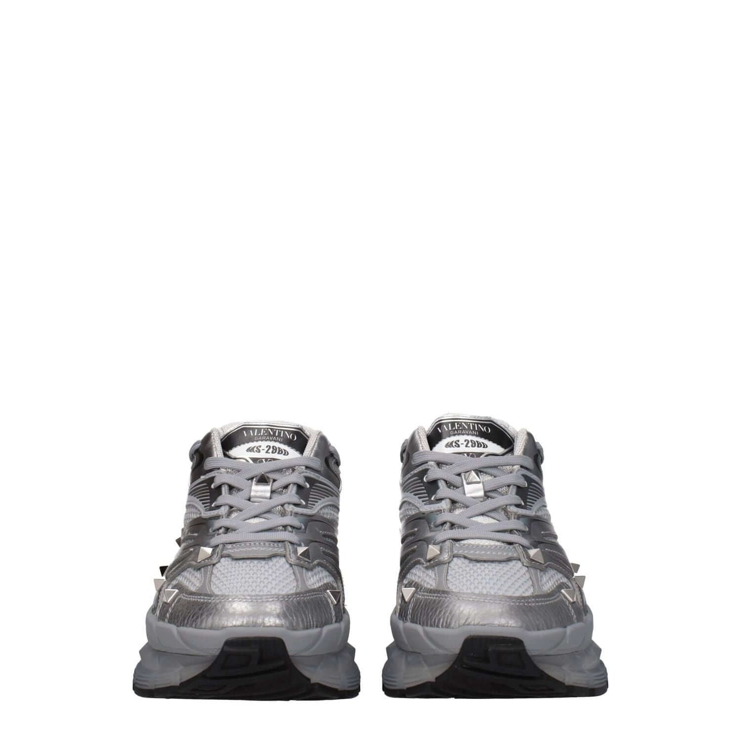Front view of Valentino Garavani Gray Fabric Athletic Sneakers with studs and front logo, lace-up leather closure, and rubber sole.