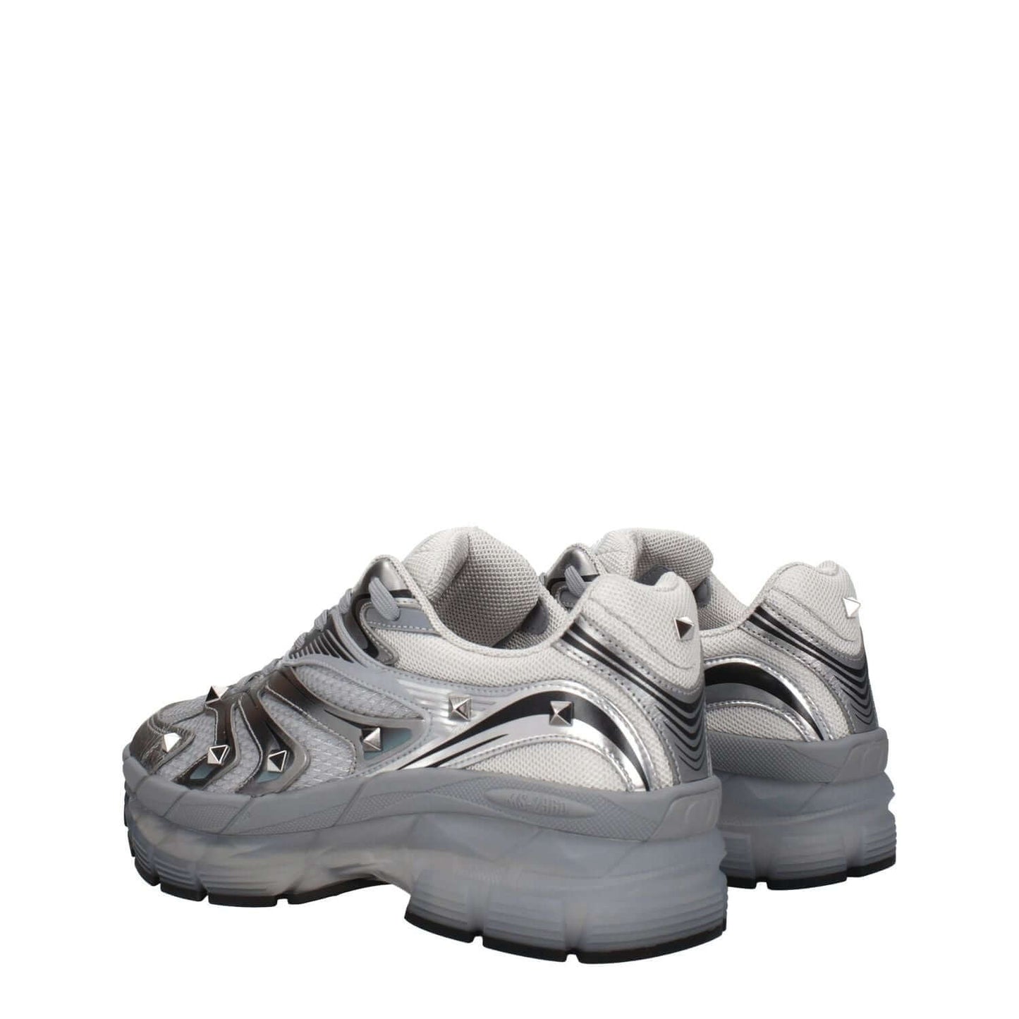 Valentino Garavani Gray Fabric Athletic Sneakers with studs and front logo, lace-up closure, rubber sole, mid heels, and round toe.