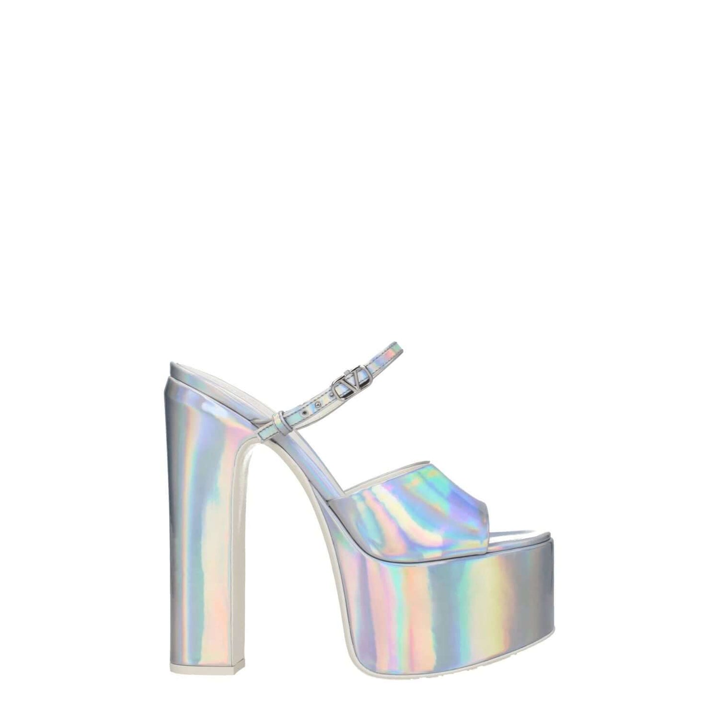 Valentino Garavani Gray Leather Platform Sandals with metallic effect, open toe, high heel, leather sole, buckle closure.