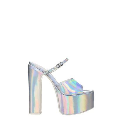 Valentino Garavani Gray Leather Platform Sandals with metallic effect, open toe, high heel, leather sole, buckle closure.