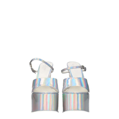 Valentino Garavani Gray Leather Platform Sandals with metallic effect, open toe, buckle closure, and high heel.