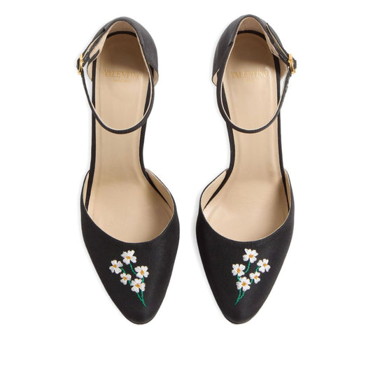 Valentino Garavani Hi Dolly Pumps In Fabric With Floral Embroidery 105mm, black ankle strap, floral embroidery, high tapered heel.