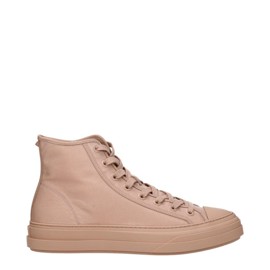 Valentino Garavani Pink Fabric High Top Sneakers with lace-up closure and rubber sole, showcasing front and back logos. Casual style.