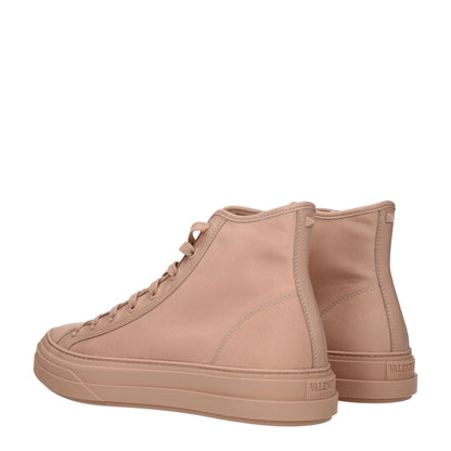 Valentino Garavani Pink Fabric High Top Sneakers featuring front and back logos, lace-up closure, round toe, and rubber sole.