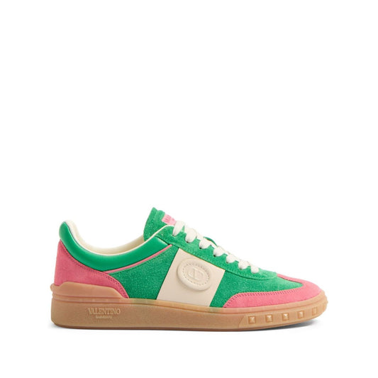 Valentino Garavani Upvillage Sneaker In Crust, hot pink and green suede, two-tone with VLogo detail and vulcanised rubber sole.