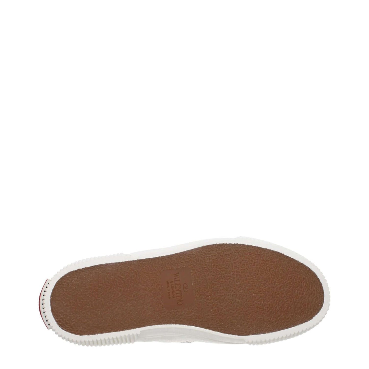 Sole view of Valentino Garavani White Leather Slip-On Loafers with rubber sole and logo, showcasing casual design and craftsmanship.