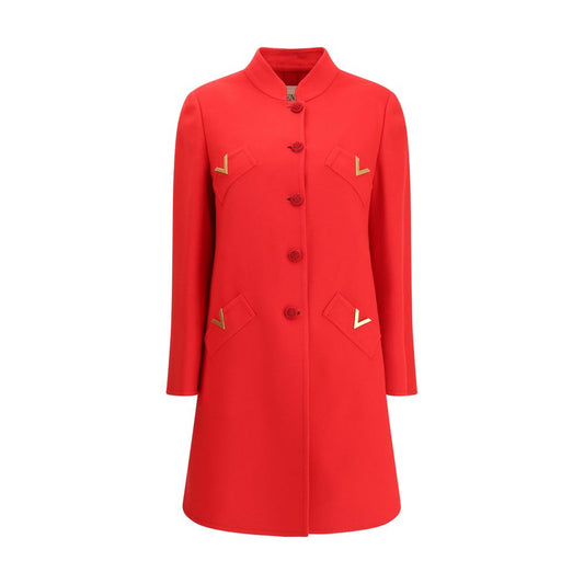 Valentino Red Fleece Wool Coat with gold VLogo, single-breasted design, and soutache buttons for elegant style.
