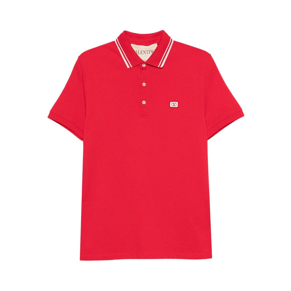 Valentino Striped-collar polo shirt in red with short sleeves, button fastening, and small VLogo Signature. Elegant cotton wear.