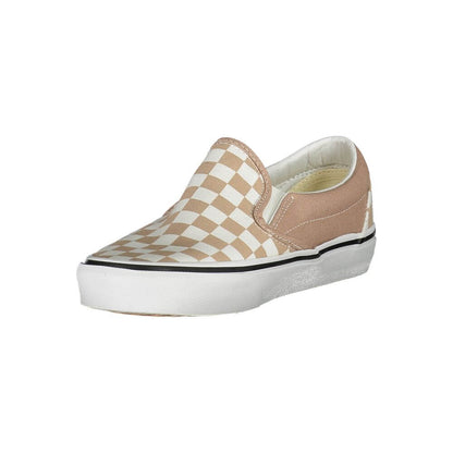 Vans Beige Polyester Sneaker with checked pattern, elastic slip-on design, contrasting details, and logo.