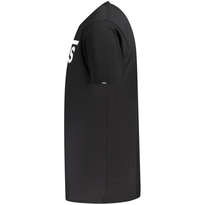 Side view of a Vans Black Cotton T-Shirt showing the classic fit and logo print. Short sleeve crew neck t-shirt for casual wear.
