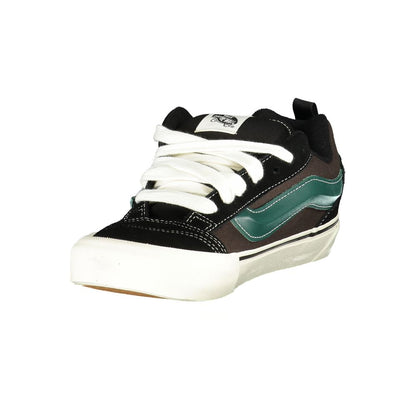 Vans Black Leather Men Sneaker with green stripe and white sole showcasing street style and iconic Vans logo.