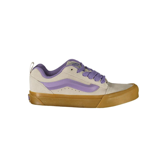 Vans Gray Leather Women Sneaker with Wisteria accents, classic style, and iconic Vans logo. Lace-up design. Elevate your casual look.