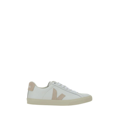 Veja White Calf Leather Bos Taurus Sneakers with logo patch, lace-up, rubber sole, side view on white background.