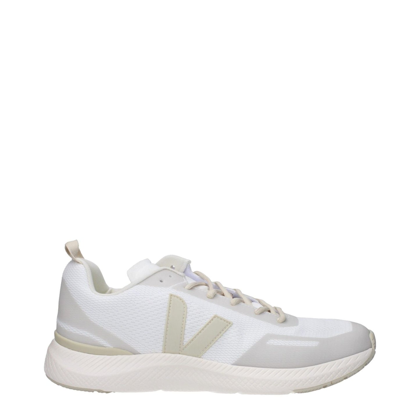 Veja White Fabric Athletic Sneakers with beige accents, front and side logos, lace-up closure, rubber sole, round toe, low and flat heel.