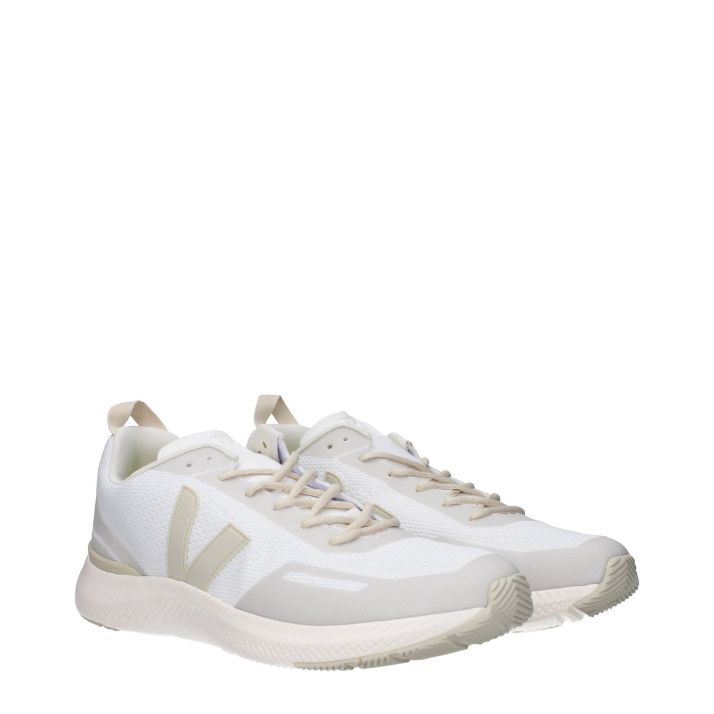 Veja White Fabric Athletic Sneakers with beige accents, side logo, lace-up closure, rubber sole, and round toe, sporty glam design.