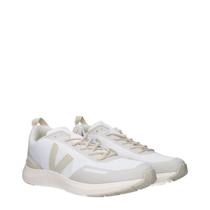 Veja White Fabric Athletic Sneakers with beige accents, side logo, lace-up closure, rubber sole, and round toe, sporty glam design.