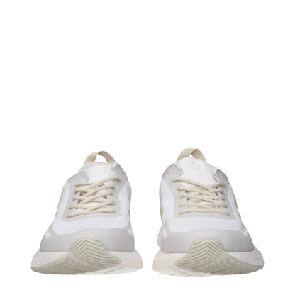 Veja White Fabric Athletic Sneakers with rubber sole, round toe, and beige accents, featuring front and side logos. Lace-up sporty glam style.
