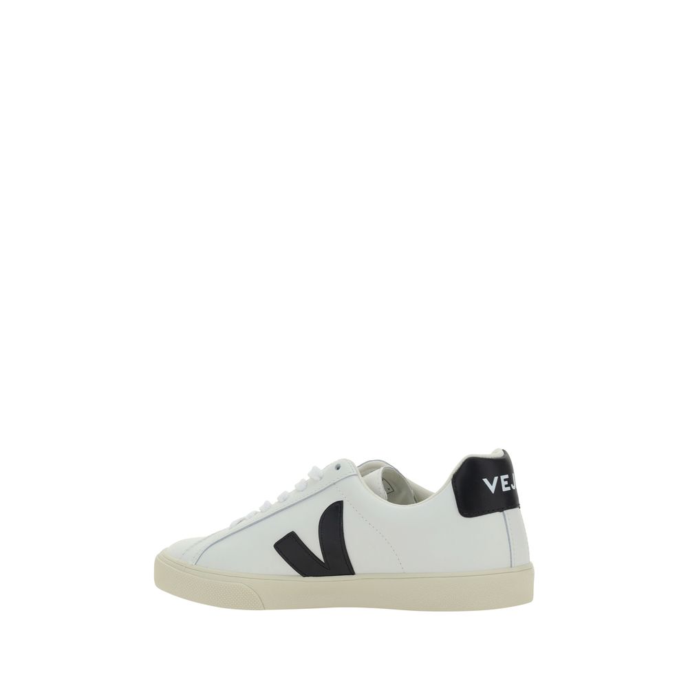 Veja White Rubber Sneakers - Esplar calfskin sneakers with logo patch and lace-up closure, side view on white background.