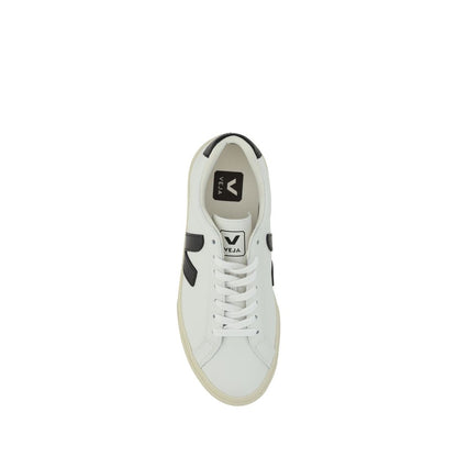 Veja White Rubber Sneakers with calfskin upper, round toe, and lace-up closure, featuring a black logo patch on the side.