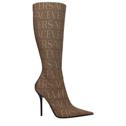 Versace Beige Fabric High Heel Boots with logo, pointy toe, zip closure, and leather sole, featuring a high 11 cm heel.