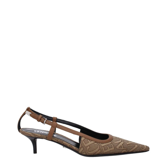 Versace Beige Fabric Mid Heel Pumps with logo, buckle closure, and pointy toe in brown and beige, featuring 7.5 cm mid heels.