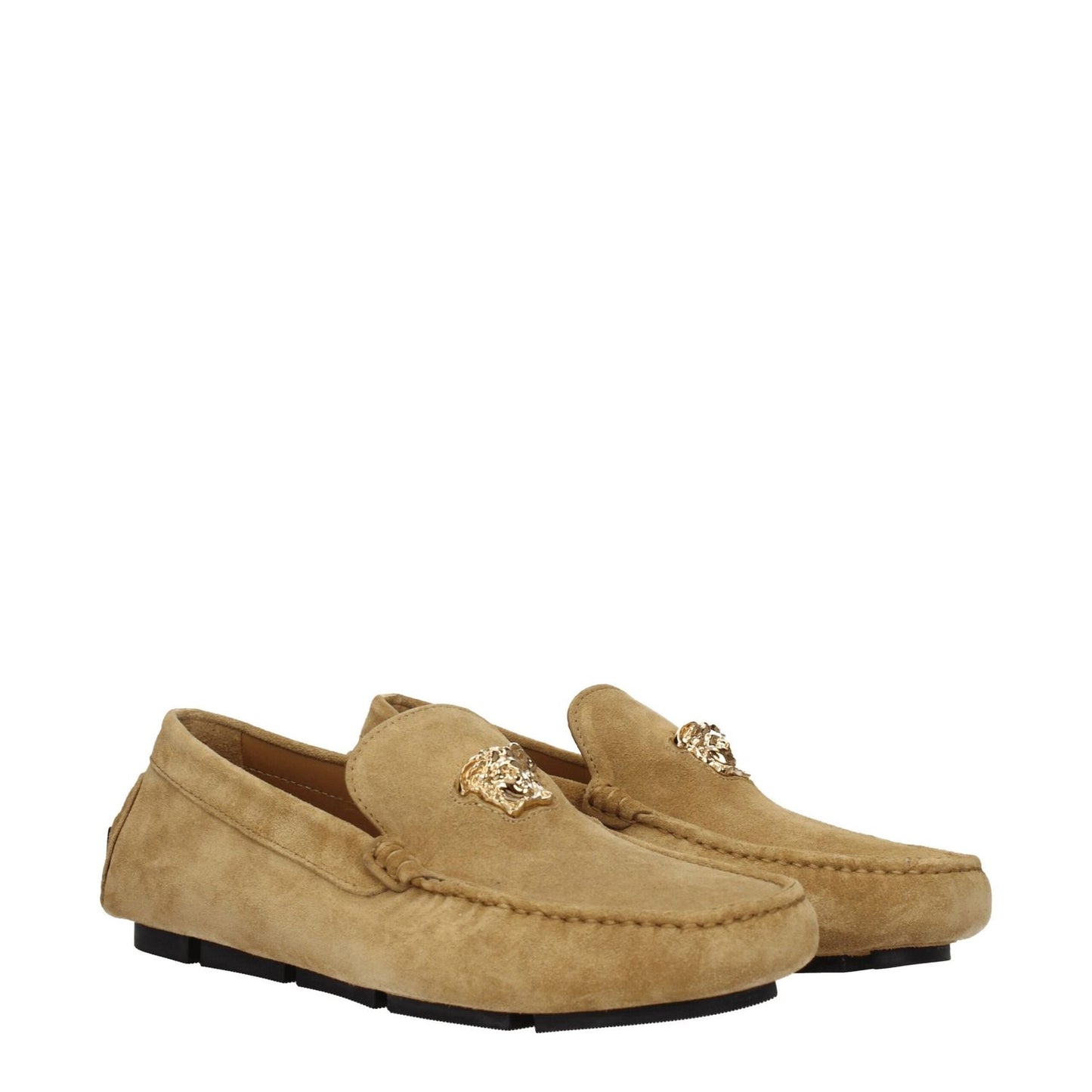 Alt Tag: Versace Beige Leather Slip-On Loafers with suede finish and gold logo, casual style with round toe and leather sole.