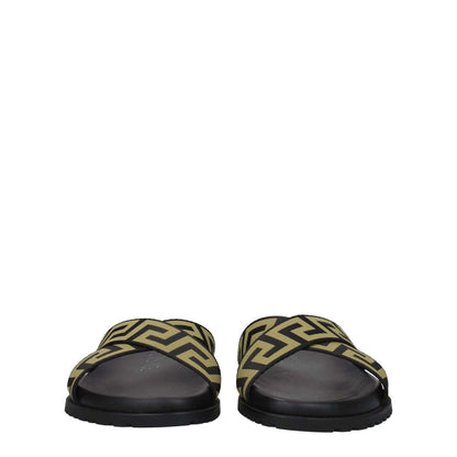Versace Black Fabric Slippers with gold pattern, casual open toe design and rubber sole. MPN 10083181A059582B150.