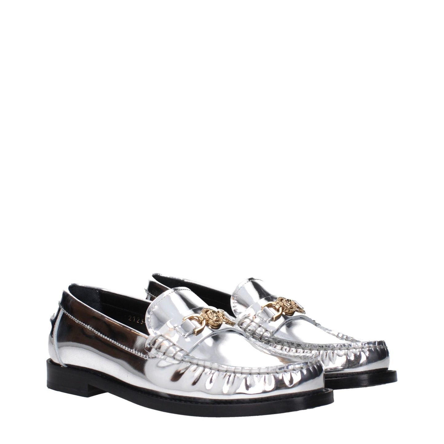 Versace Gray Leather Slip-On Loafers with metallic effect, leather sole, and front logo detailing, designed with a round toe for casual style.