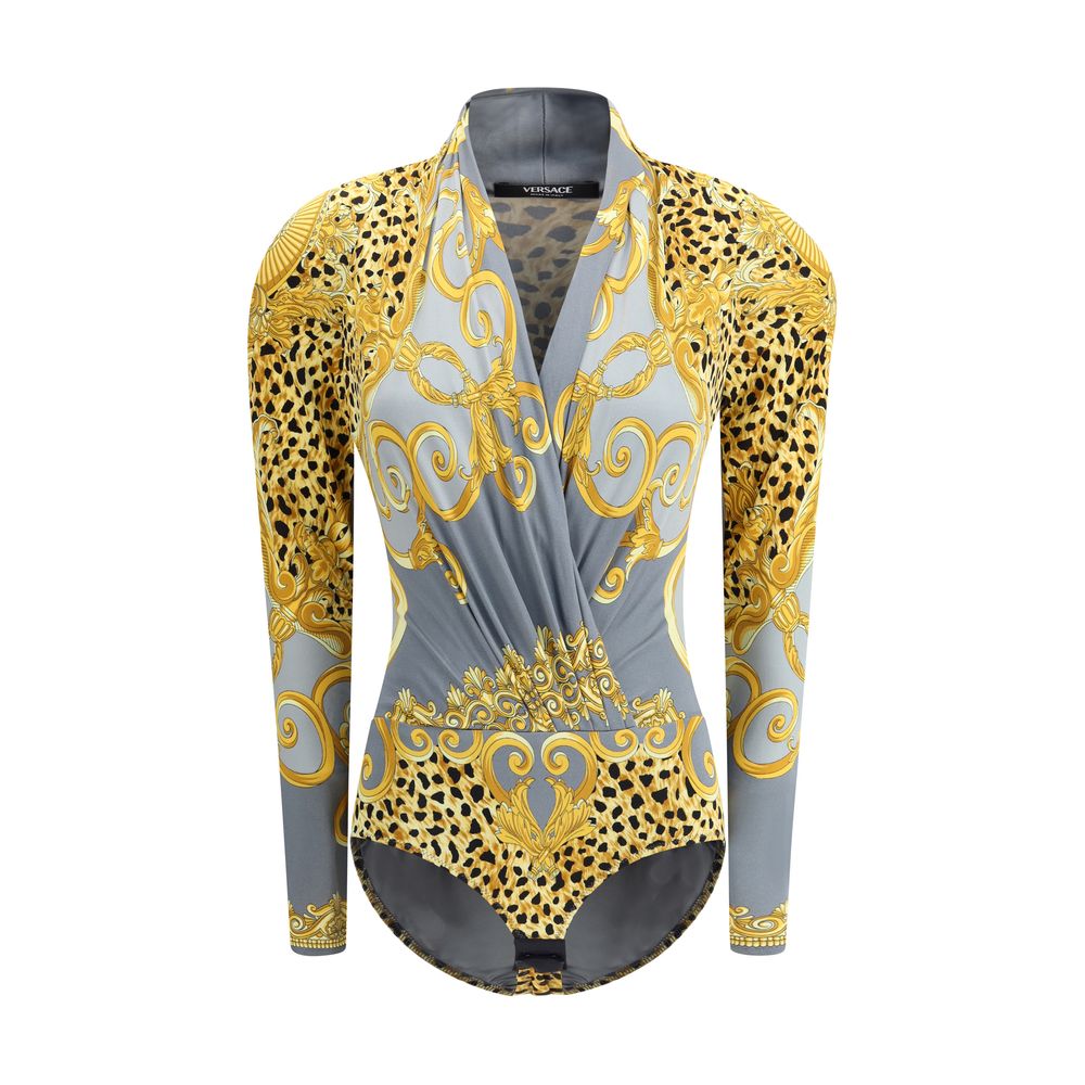 Versace Multicolor Viscose Top with leopard and Barocco print, long sleeves, deep V-neckline, and hook-and-eye closure, AW25 fashion.