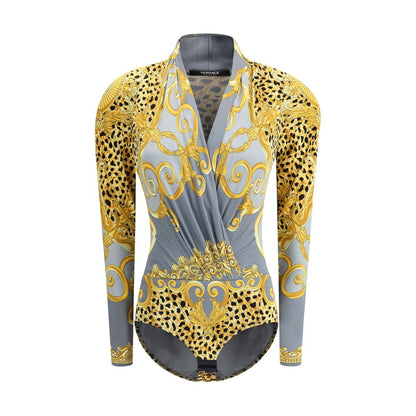Versace Multicolor Viscose Top with leopard and Barocco print, long sleeves, deep V-neckline, and hook-and-eye closure, AW25 fashion.